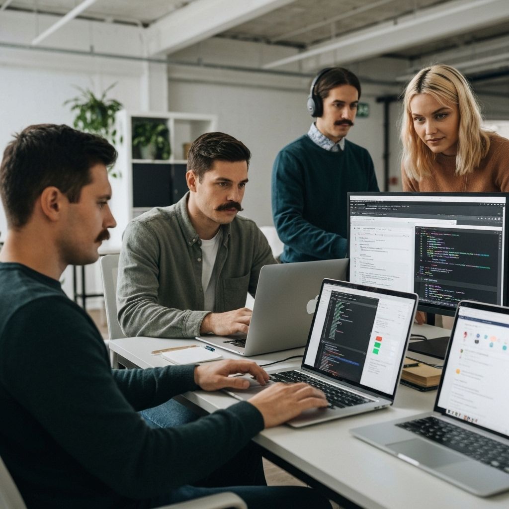 Professional software development team collaborating
